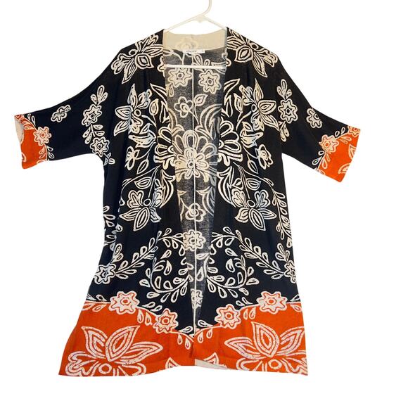 Chico's Open Style Cardigan Woman 0= Small Short Sleeve Black Orange Floral 33” - Picture 1 of 11